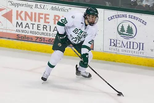 9 Jan 15: Brett Beauvais (Bemidji State - 28).  The Bemidji State University Beavers host the University of Alabama-Huntsville Chargers in a WCHA conference matchup at the Sanford Center in Bemidji, MN. (Jim Rosvold/USCHO.com)