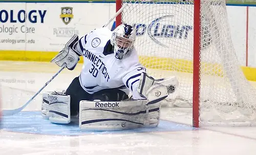 Connecticut's Matt Grogan had 29 saves in a 4-1 loss to Mercyhurst (Omar Phillips)