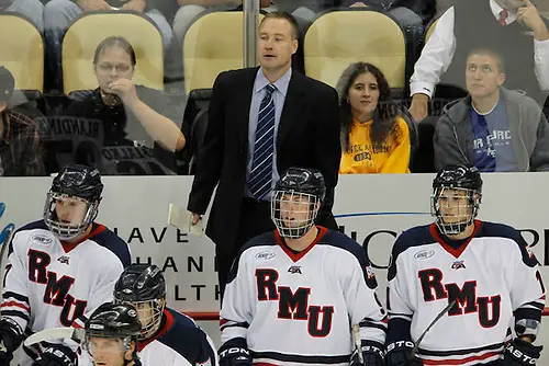 Robert Morris coach Derek Schooley. RMU mens hockey v Air Force at Consol Energy Center. Photo by Jason Cohn (JASON COHN/RMU ASSIGNED)