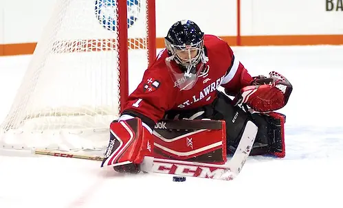 Kyle Hayton of St. Lawrence had 23 saves in a 5-2 loss at RIT (Omar Phillips)