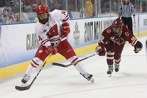 Photo By: Don Adams Jr. Abby Roque (Wisconsin-18) and Kenzie Kent (Boston College-12) in a semifinal game during the 2017 NCAA Frozen Four at Family Arena in St. Charles, Mo. (Don Adams Jr.)