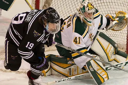 Photo By: Jim Rosvold 8 Jan 16: Brad McClure (Minnesota State - 19), Ate Tolvanen (Northern Michigan - 41). The Minnesota State University Mavericks host the Northern Michigan University Wildcats in a WCHA conference matchup at Verizon Wireless Center in Mankato, MN. (Jim Rosvold)