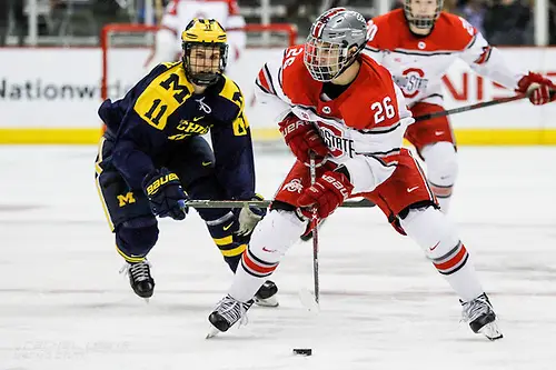 FEB 25, 2017: Mason Jobst (OSU - 26), Brendan Warren (UM - 11).  The #12 Ohio State Buckeyes get shut out 1-0 by the University of Michigan Wolverines at the Schottenstein Center in Columbus, OH. (Rachel Lewis)