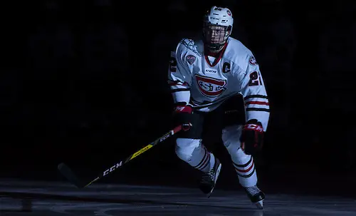 Photo By: Bradley K. Olson Jimmy Schuldt (SCSU-22) 16 October 28 Alabama Huntsville and St. Cloud State University meet in a non conference contest at the Herb Brooks National Hockey Center (Bradley K. Olson)