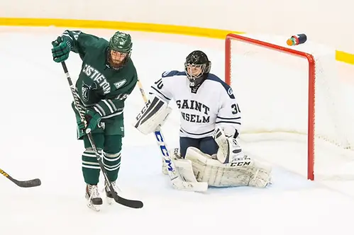 Goalie Shane Joyce looks to backstop St. Anselm (Jim Stankiewicz   603 494-0711)