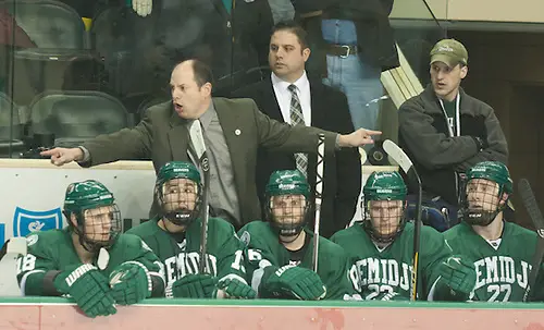 Photo By: BRADLEY K. OLSON (Tom Serratore Head Coach Bemidji State).2 Mar.. 13 The University of North Dakota hosts Bemidji State in a WCHA match-up at the Ralph Engelsted Arena in Grand Forks, ND. (BRADLEY K. OLSON)