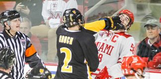 NOV 4, 2017: Trevor Gooch (CC - 2), Louie Belpedio (MIA - 58). The Miami RedHawks lose to the Colorado College Tigers 2-1 Satuday, November 4, 2017 at Steve Cady Arena in Oxford, OH. (Rachel Lewis/©Rachel Lewis)