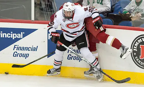 Jimmy Schuldt (SCSU-22) 16 March 18 St. Cloud State University  and Denver University National Collegiate Hockey Conference Tournament match-up at the Target Center in Minneapolis, Minnesota (Bradley K. Olson)