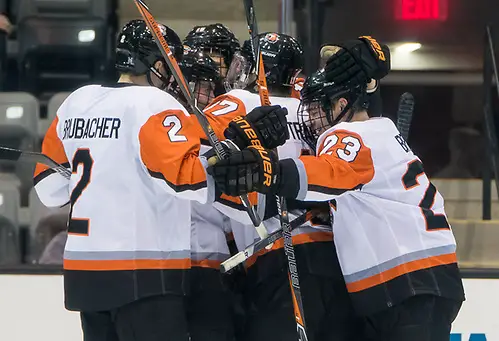 Photo By: 2017 Omar Phillips RIT players celebrate a second period goal in a 5-3 win over Robert Morris (2017 Omar Phillips)