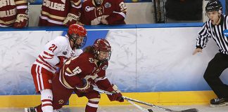 Baylee Wellhausen (Wisconsin-21) and Kenzie Kent (Boston College-12) in a 2017 NCAA Frozen Four semifinal at Family Arena in St. Charles, Mo. (Don Adams Jr.)