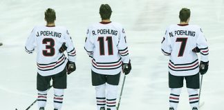 Jack Poehling (SCSU-3) Ryan Poehling (SCSU-11) Nick Poehling (SCSU-7) 2017 Nov. 17 St. Cloud State University hosts Colorado College in a NCHC game at the Herb Brooks National Hockey Center St. Cloud (Bradley K. Olson)