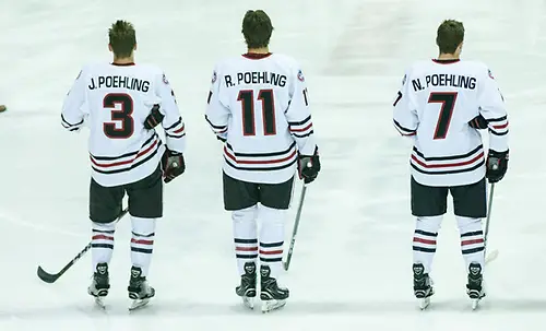 Jack Poehling (SCSU-3) Ryan Poehling (SCSU-11) Nick Poehling (SCSU-7) 2017 Nov. 17 St. Cloud State University hosts Colorado College in a NCHC game at the Herb Brooks National Hockey Center St. Cloud (Bradley K. Olson)