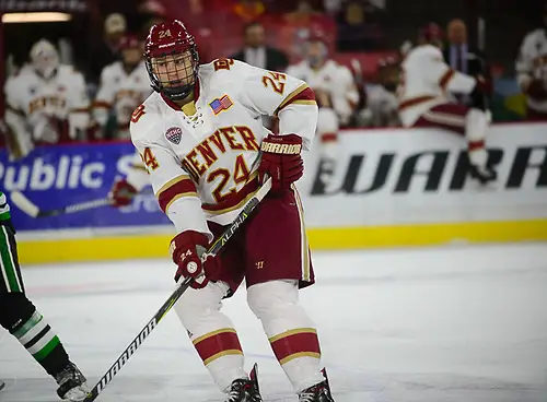 Colin Staub of Denver. Colin Staub of Denver. North Dakota at Denver, Magness Arena, 11/18/17. (Candace Horgan)