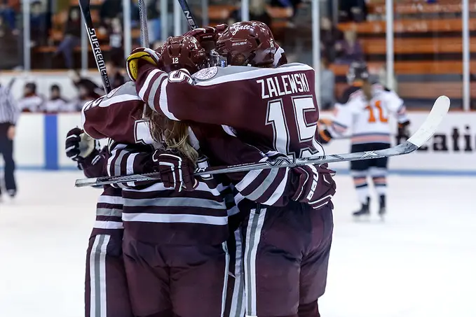 Colgate celebrates a goal by Shae Labbe (Colgate - 12). (Shelley M. Szwast)