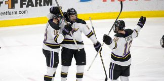 15 Dec 17: Max Coatta (Minnesota State - 12), Brad McClure (Minnesota State - 19), Josh French (Minnesota State - 26). The Minnesota State University Mavericks host the University of Alabama-Huntsville in the a WCHA matchup at Verizon Wireless Center in Mankato, MN. (Jim Rosvold)