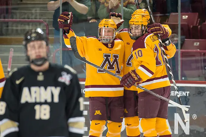Photo By: Jim Rosvold/USCHO.com 30 Dec 17: The University of Minnesota Golden Gophers host the Army West Point Black Knights in a non-conference matchup at 3M Arena at Mariucci in Minneapolis, MN. (Jim Rosvold/USCHO.com)
