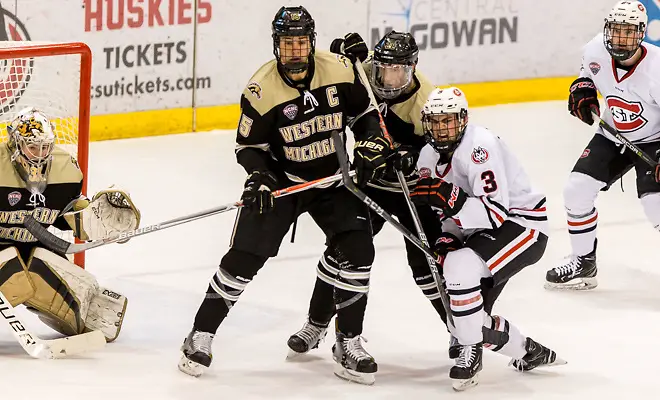 Scott Moldenhauer (Western Michigan-15) Jack Poehling (SCSU-3) 2018 Jan. 12 The St.Cloud State University Huskies host Western Michigan in a NCHC matchup at the Herb Brooks National Hockey Center in St. Cloud, MN (Bradley K. Olson)