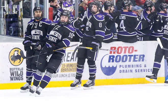 Neb Knutson (MSU-10) 2018 Jan. 12 The St.Cloud State University Huskies host Mankato State University n a non conference matchup at the Herb Brooks National Hockey Center in St. Cloud, MN (Bradley K. Olson)