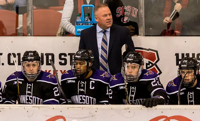 Coach Mike Hastings (Mankato State University Head Coach ) 2018 Jan. 12 The St.Cloud State University Huskies host Mankato State University n a non conference matchup at the Herb Brooks National Hockey Center in St. Cloud, MN (Bradley K. Olson)