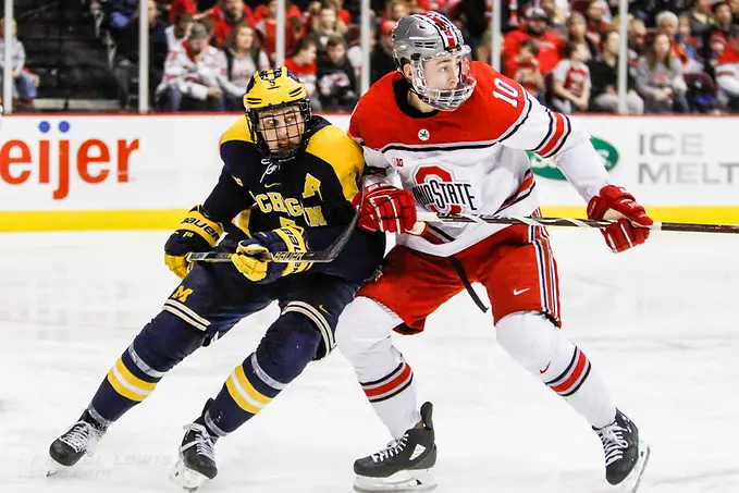 JAN 26, 2018: Griffin Luce (Michigan - 5), John Wiitala (OSU - 10) The #6 Ohio State Buckeyes shut out the #20 Michigan Wolverines 4-0 at Value City Arena in Columbus, OH. (Rachel Lewis - USCHO) (Rachel Lewis/©Rachel Lewis)