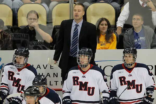 HOCKEY/ Robert Morris coach Derek Schooley. RMU mens hockey v Air Force at Consol Energy Center. Photo by Jason Cohn (JASON COHN/RMU ASSIGNED)