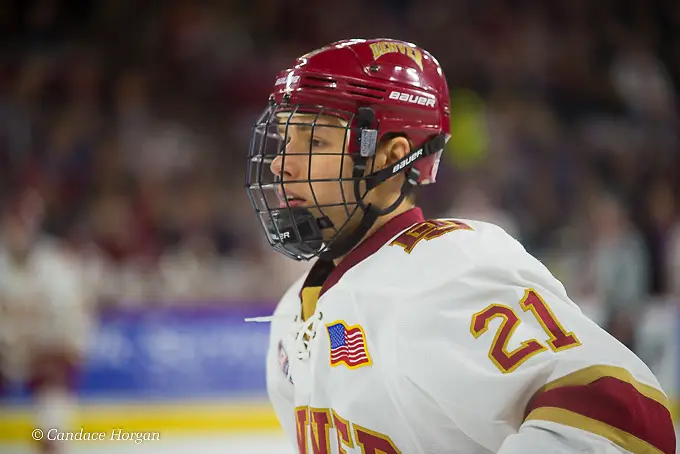 Michael Davies of Denver. Minnesota Duluth vs. Denver, Magness Arena, Feb. 3, 2018 (Candace Horgan)