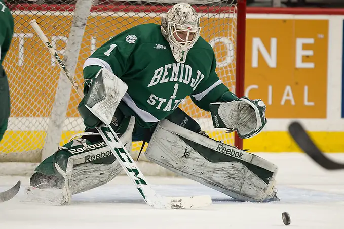 Photo By: Jim Rosvold 23 Jan 16: Michael Bitzer (Bemidji State - 1). The University of Minnesota Golden Gophers play against the Bemidji State University Beavers in a North Star College Cup semifinal matchup at the Xcel Energy Center in St. Paul, MN. (Jim Rosvold)