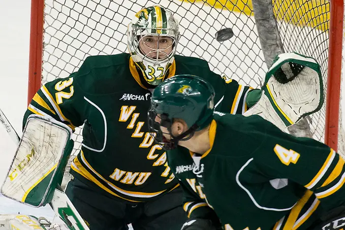08 Dec 17: Mathias Israelsson (Northern Michigan - 32). The Bemidji State University Beavers host the Northern Michigan University Wildcats in a WCHA Conference matchup at the Sanford Center in Bemidji, MN. (Jim Rosvold)