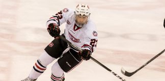 Robby Jackson (SCSU-23) 2018 Jan. 12 The St.Cloud State University Huskies host Western Michigan in a NCHC matchup at the Herb Brooks National Hockey Center in St. Cloud, MN (Bradley K. Olson)