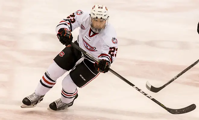 Robby Jackson (SCSU-23) 2018 Jan. 12 The St.Cloud State University Huskies host Western Michigan in a NCHC matchup at the Herb Brooks National Hockey Center in St. Cloud, MN (Bradley K. Olson)