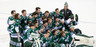 Mercyhurst players celebrate a win over RIT and clinch the Atlantic Hockey regular season title (2018 Omar Phillips)