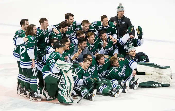 Mercyhurst players celebrate a win over RIT and clinch the Atlantic Hockey regular season title (2018 Omar Phillips)
