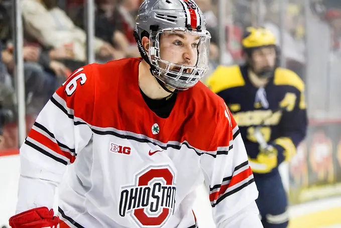 JAN 26, 2018: Matthew Weis (OSU - 16) The #6 Ohio State Buckeyes shut out the #20 Michigan Wolverines 4-0 at Value City Arena in Columbus, OH. (Rachel Lewis - USCHO) (Rachel Lewis/©Rachel Lewis)