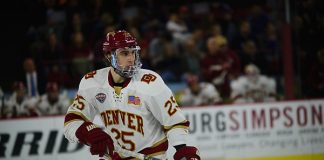 Blake Hillman of Denver. Miami at Denver at Magness Arena, March 3, 2018. (Candace Horgan)