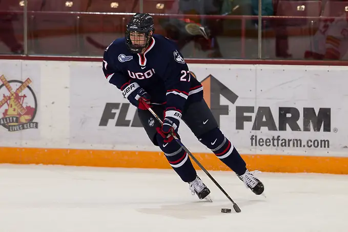 Photo By: Jim Rosvold 2 Jan 16: Max Letunov (Connecticut - 27). The University of Connecticut Huskies play against the Ferris State University Bulldogs in the Mariucci Classic third place game at Mariucci Arena in Minneapolis, MN. (Jim Rosvold)