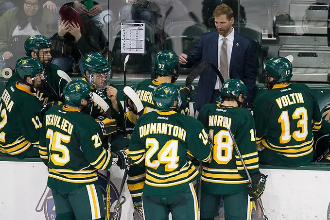 Photo By: Jim Rosvold 08 Dec 17: Grant Potulny (Northern Michigan - Head Coach). The Bemidji State University Beavers host the Northern Michigan University Wildcats in a WCHA Conference matchup at the Sanford Center in Bemidji, MN. (Jim Rosvold)