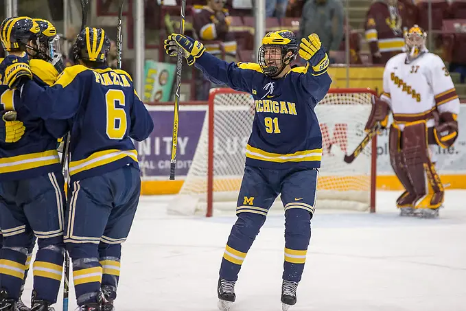 12 Jan 18: The University of Minnesota Golden Gophers host the University of Michigan Wolverines in a B1G matchup at Mariucci Arena in Minneapolis, MN (Jim Rosvold/USCHO.com)