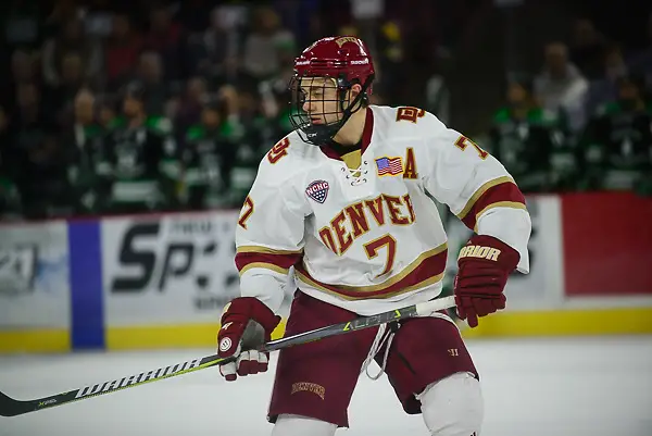 Dylan Gambrell of Denver. North Dakota at Denver, Magness Arena, 11/18/17. (Candace Horgan)