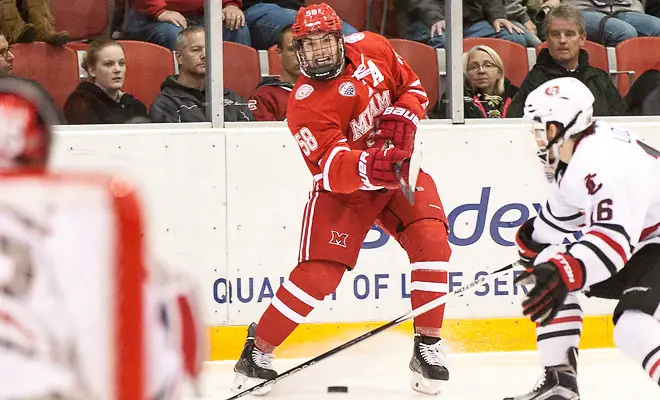 Louie Belpedio (Miami of Ohio-58) Jon Lizotte (SCSU-16) 10/30/15 St.Cloud State University hosts Miami of Ohio in a NCHC contest Herb Brooks National Hockey Center St. Cloud,MN (Bradley K. Olson)