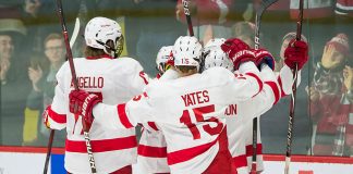 Cornell players celebrate a first period goal in a 4-3 win vs Union (2018 Omar Phillips)