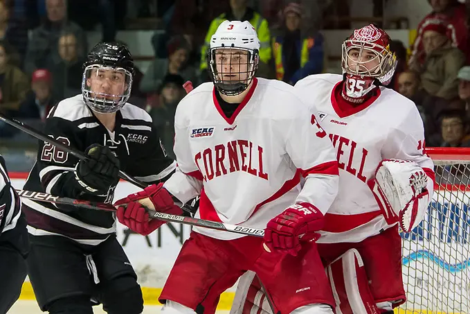 Josh Kosack (26 - Union), Cody Haiskanen (3 - Cornell), Matthew Galajda (35 - Cornell) (2018 Omar Phillips)