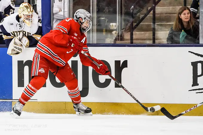 Photo By: Rachel Lewis/©Rachel Lewis 17 MAR 2018: Sasha Larocque (OSU - 3). The University of Notre Dame Fighting Irish host the Ohio State University in the 2018 B1G Championship at Compton Family Ice Arena in South Bend, IN. (Rachel Lewis - USCHO) (Rachel Lewis/©Rachel Lewis)
