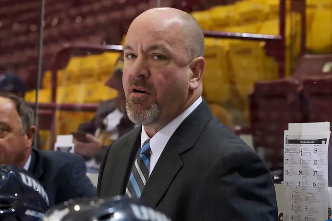 11 Oct 13: New Hampshire Associate Head Coach Scott Borek. The University of New Hampshire Wildcats play against the Clarkson University Knights in the Icebreaker Tournament at Mariucci Arena in Minneapolis, MN (Jim Rosvold)