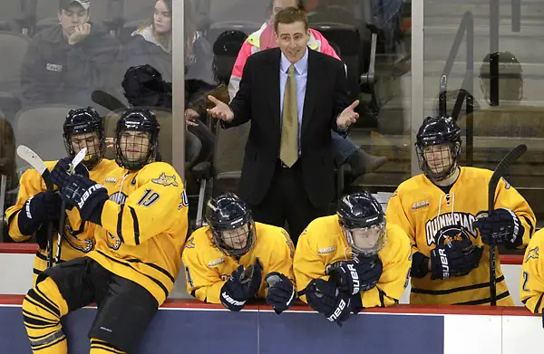 Photo By: Michelle Bishop Quinnipiac Head Coach Rand Pecknold questions a call during overtime. Nebraska-Omaha and Quinnipiac skated to a 2-2 tie Friday night at the CenturyLink Center. (Photo by Michelle Bishop) .. (Michelle Bishop)