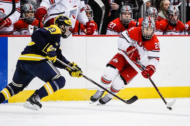 JAN 26, 2018: Mason Jobst (OSU - 26), Quinn Hughes (Michigan - 43) The #6 Ohio State Buckeyes shut out the #20 Michigan Wolverines 4-0 at Value City Arena in Columbus, OH. (Rachel Lewis - USCHO) (Rachel Lewis/©Rachel Lewis)