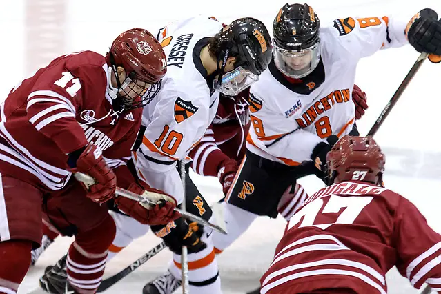 Griff Jeszka (UMASS - 11), Jackson Cressey (Princeton - 10), Max Becker (Princeton - 8), and Riley McDougall (UMASS - 27) battle on a face off. ((c) Shelley M. Szwast 2016)