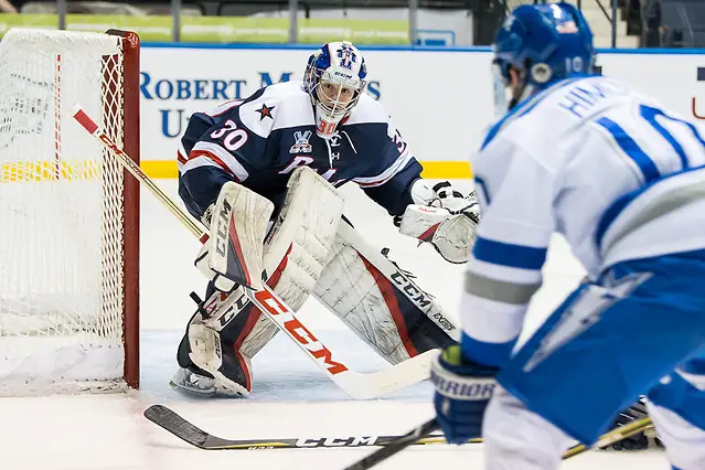 Andrew Pikul (30 - Robert Morris) came in during the second period of the Atlantic Hockey final (2018 Omar Phillips)