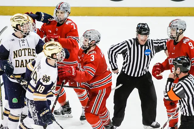 17 MAR 2018: Wyatt Ege (OSU - 7), Sasha Larocque (OSU - 3), Tanner Laczynski (OSU - 9), Cam Morrison (ND - 26), Jake Evans (ND - 18). The University of Notre Dame Fighting Irish host the Ohio State University in the 2018 B1G Championship at Compton Family Ice Arena in South Bend, IN. (Rachel Lewis - USCHO) (Rachel Lewis/©Rachel Lewis)