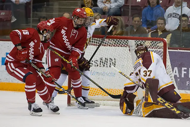 Photo By: Jim Rosvold/USCHO.com 1 Dec 17: Trent Frederic (Wisconsin - 34). The University of Minnesota Golden Gophers hosts the University of Wisconsin Badgers in a B1G matchup at 3M Arena at Mariucci in Minneapolis, MN. (Jim Rosvold/USCHO.com)