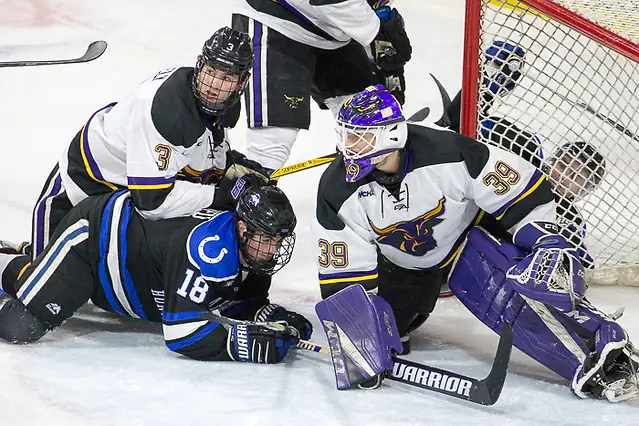 15 Dec 17: Jack McNeely (Minnesota State - 3), Austin Beaulieu (Alabama-Huntsville - 18), Jason Pawloski (Minnesota State - 39). The Minnesota State University Mavericks host the University of Alabama-Huntsville in the a WCHA matchup at Verizon Wireless Center in Mankato, MN. (Jim Rosvold)